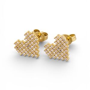 18k Gold Plated CZ Digital Heart Stud Earrings. New.